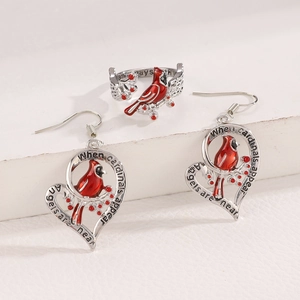 Cardinal heart jewelry set with earrings and open ring featuring memorial engraving