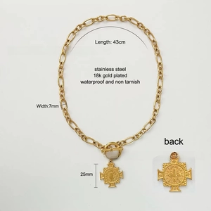 Detail of 18k gold plated stainless steel OT buckle necklace with 25mm cross medal charm