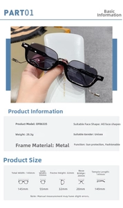 Detailed size chart for vintage small frame sunglasses including width and temple length