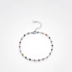 925 Sterling Silver Multi Color Round Zircon Bracelet Rainbow Bezel Set Adjustable Chain Jewelry For Women Elegant Fashion