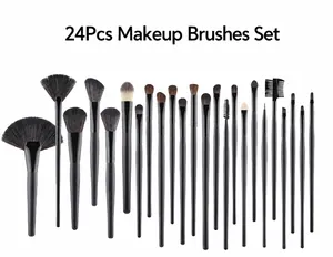 Detailed set of 24 professional makeup brushes with matte black handles and soft bristles