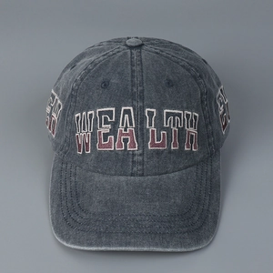 Close-up of vintage washed denim baseball cap with bold WEALTH letter embroidery