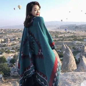 Ethnic style thick cashmere shawl in dark green, bohemian poncho for travel and warmth