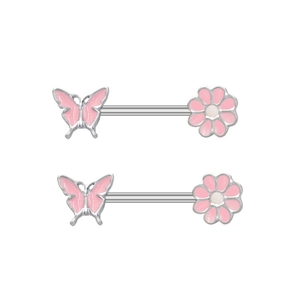 Detail of silver nipple rings featuring pink butterfly and flower zircon piercing studs