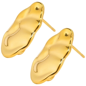 Detail of gold liquid metal style earrings with organic hammered texture on white background