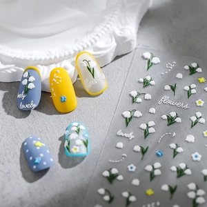 5D embossed nail art stickers featuring lily of the valley and floral relief patterns