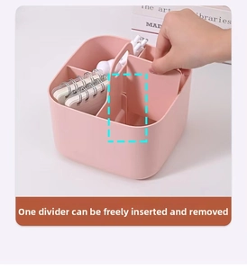 Close-up of pink plastic organizer with handle and removable divider demonstration