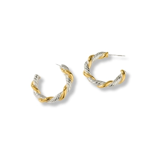 Elegant 18K gold and silver twisted C-shape hoop earrings with geometric spiral texture