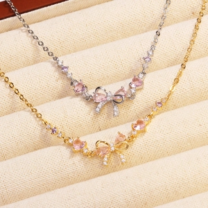 Elegant Bowknot Pendant Necklace With Zircon Pink Heart Stone Copper O-Chain Niche Luxury Style Jewelry For Women