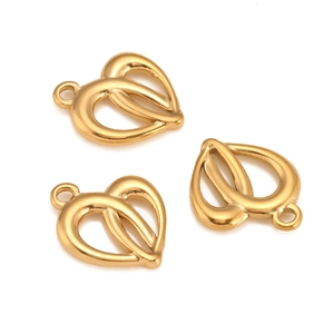 Polished gold double heart charm pendants for DIY necklaces and earrings with high gloss