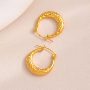 French style gold hammered hoop earrings with vintage textured surface for women