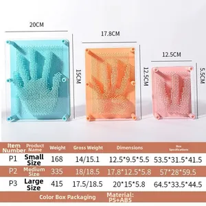 Size chart showing dimensions and weight for 3D pin art sensory toys in three sizes