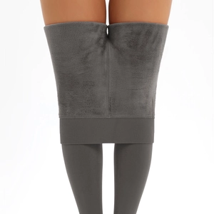 Thick dark gray thermal leggings with dense fleece lining and high ribbed waistband