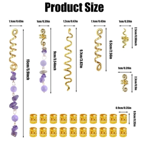 Golden spiral hair jewelry set with purple gemstones and snake charms in various sizes