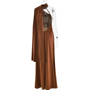Detail of a brown backless maxi dress featuring an elegant shoulder drape design