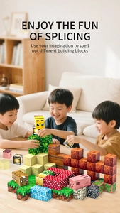 Three children playing together with glowing magnetic pixel blocks in a cozy living room scene