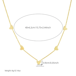 Gold stainless steel necklace with five white shell heart pendants and size measurement