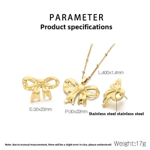 Detailed size parameters for gold hollow bow necklace and earrings stainless steel set