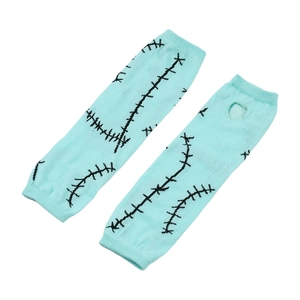 Close-up of Sally stitching patterns on teal knitted fingerless arm warmer gloves