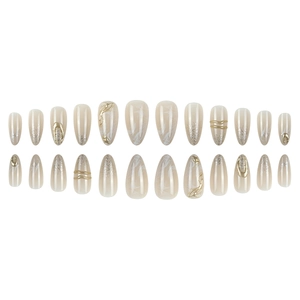 Kit unghie finte mandorla con marmo nude, glitter argento e accenti dorati 3D a rilievo