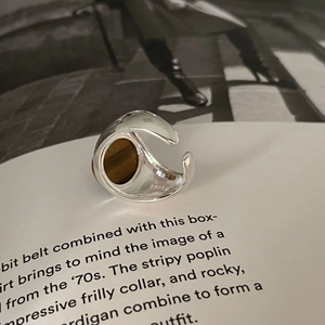 Minimalist S925 sterling silver open ring featuring a polished brown tiger eye gemstone