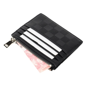 Slim black checkered leather card holder wallet with multiple slots and a zipper pocket