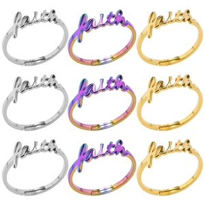 Faith Letter Ring Stainless Steel Adjustable Open Band Minimalist Cursive Word Jewelry For Men Women