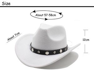 White felt cowboy hat with black studded band showing size dimensions and classic brim