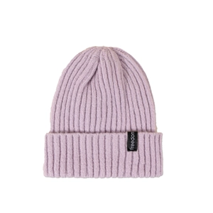 Close-up of lavender knit beanie featuring a black 'Freedom' woven label and ribbed texture
