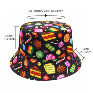 Black bucket hat with colorful candy patterns and 56-58cm head circumference size specs
