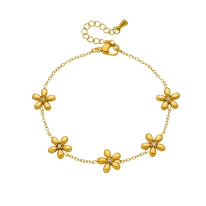 Minimalist gold plated stainless steel chain bracelet featuring five crystal flower charms