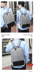 Detail of grey Oxford backpack with USB charging port and black synthetic leather base