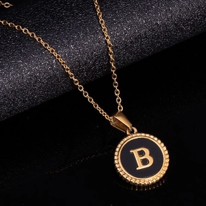 18K gold stainless steel necklace with round black enamel letter B pendant for women
