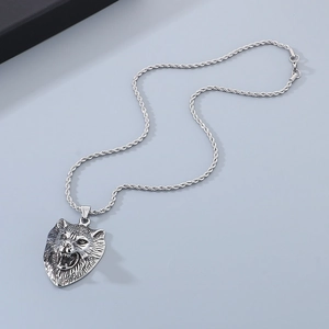 Silver Viking wolf head Thor hammer pendant with punk skull design and braided steel chain