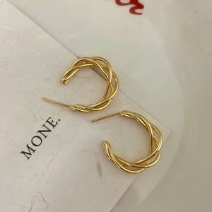 Minimalist 925 sterling silver golden twisted rope C-shaped hoop earrings for women