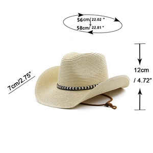 Dettaglio del cappello da cowboy in paglia con borchie e misure della tesa e altezza