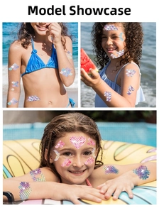 Macro detail of glitter mermaid scales temporary tattoos for kids with laser finish