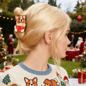 Detail of festive Corgi dog in Christmas sock hair claw clip on blonde hair
