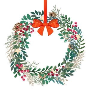 Christmas wreath window sticker with red bow, pine cones and stars for holiday decoration