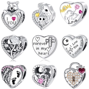 Heart Charm Bead 925 Sterling Silver Cubic Zirconia Engraved Love Mom Elephant Pendant For Bracelet Jewelry Making