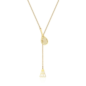 Golden Y-shaped long necklace with badminton racket and shuttlecock sports pendant