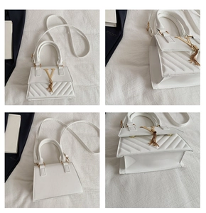 Close-up views of a white French-style crossbody bag with quilt texture and tassel detail