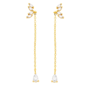 Detail view of gold tassel earrings with marquise and pear-cut zircon wing accents