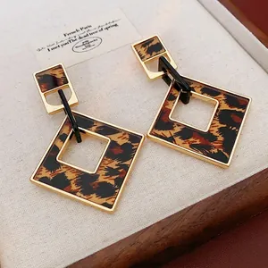Geometric Rhombus Leopard Print Dangle Earrings Alloy Acrylic Jewelry Retro Vintage Style For Women With Silver Earring Post