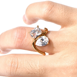 18K Gold Plated Titanium Steel Bypass Ring For Women Double Stone Pear And Emerald Cut Zirconia Niche Design