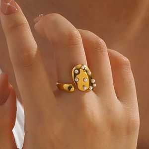 Stainless Steel Artificial Pearl Inlaid Ring Irregular Liquid Metal Geometric Adjustable Open Fashion Retro Women Jewelry