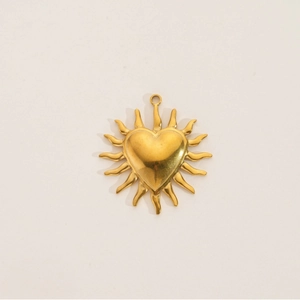 Golden stainless steel heart pendant with sunburst rays for DIY necklace jewelry