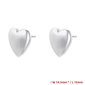 Detail view of heart-shaped silver earrings with size dimensions 14.5mm by 15mm