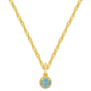 Detail of gold water wave chain with a round light blue birthstone pendant and beaded edge