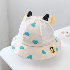 Cappello da sole beige neonato con pois blu e ricamo a mucca per protezione solare